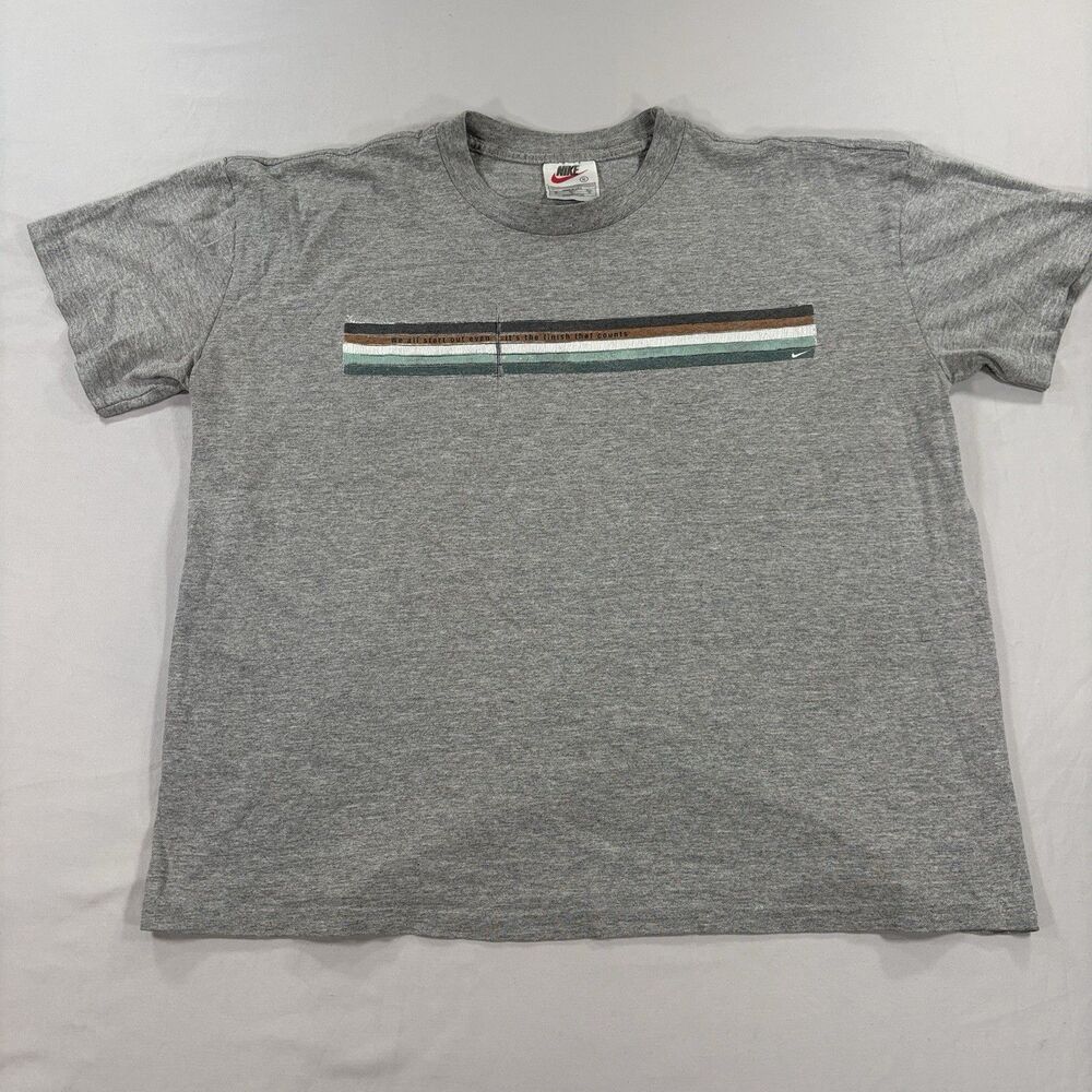 Vintage Nike XL Gray TShirt 90s Y2K Graphic Print Stripe & Swoosh Sportswear